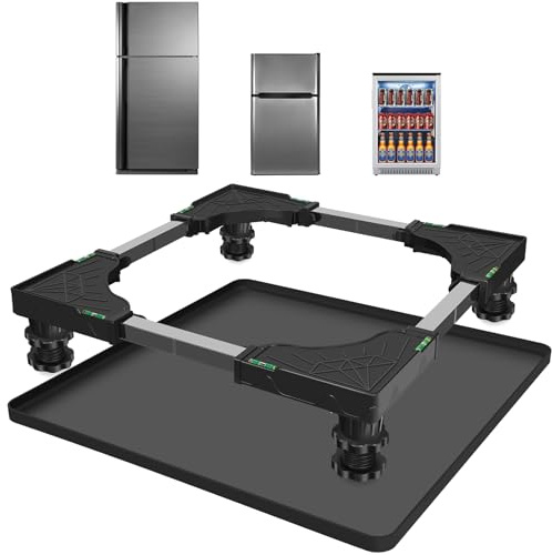 Mini Fridge Stand with Silicone Mat, Universal Stand Base is Adjustable, 4 Sturdy Feet and Hardened Steel Tube, 24''x 24'' Drain Pan, Suitable for Fridge, Washing Machine, Dryer, Wine Cabinet.