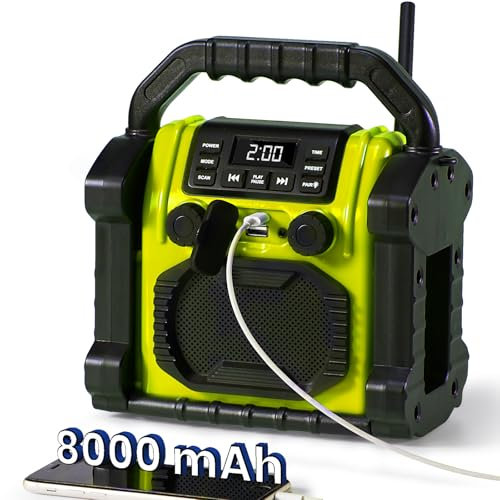 Bingxue Baustellenradio-Bluetooth-Lautsprecher, 30 W, IPX 66, wasserdicht, FM-Radio mit LED-Lichtern, Antikollisions-FM-Radios für Baustelle, Outdoor, Angeln, Party, Camping (gelb)