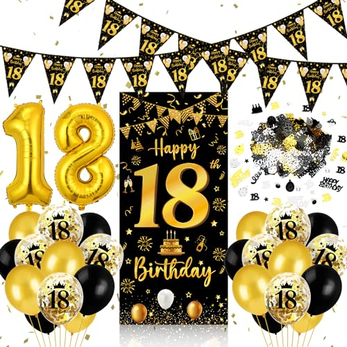 18. Geburtstag Deko für Jungen und Mädchen - Banner Schwarz Gold, Luftballons, Wimpel Girlande, Konfetti, Tür Deko, Hintergrund für Party