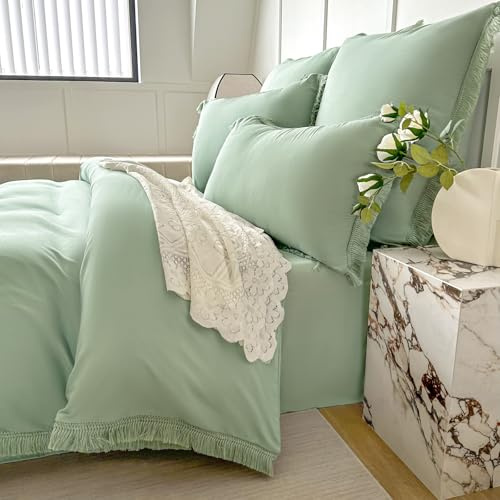 Amolavet Boho Quasten Bettwäsche 135x200 Salbeigrün Sommer Leicht Atmungsaktiv Mikrofaser Bettwäsche 2teilig Set mit Reißverschluss Bettbezug 135 X 200 + Kissenbezug 80x80 für Einzelbett