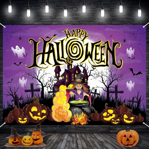 Happy Halloween-Banner, violette Halloween-Partydekorationen, große Stoffhintergründe, Hexe, Medikamentenglas, Grabschloss, violettes Poster für drinnen und draußen