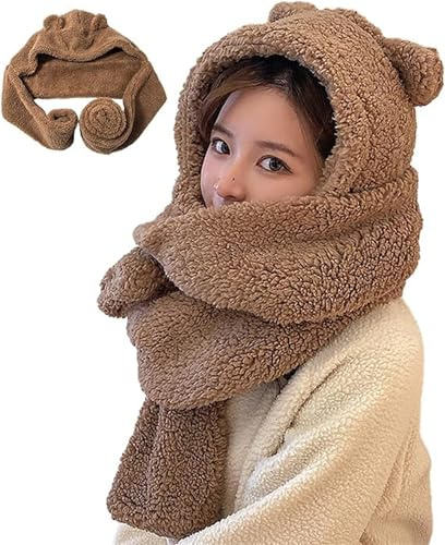 Damen-Beanie-Mütze mit Bärenohren, niedlicher Schal, 2-in-1, Winter, warm, Sherpa, dickes Fleece, flauschig, Strickmütze, khaki, One size