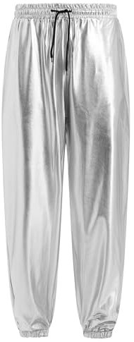 FYMNSI Herren Gl�nzende Metallic Hose PU Leder Wetlook Glitzer Jogginghose Nachtclub Disco Hosen Kordelzug Elastische High Waist 80er 90er Jahre Kost�m Festival Hip Hop Tanzkleidung Silber M