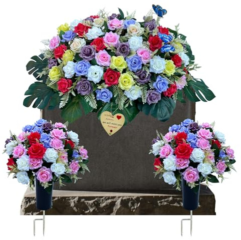 ALL SPECIAL Artificial Flower for Grave Gravestone Decorations, 3 Pack Gravesite Flowers, Cemetery Graveside Bouquets Roses, Tombstone Headstone Saddle Florals Never Be Blown Away