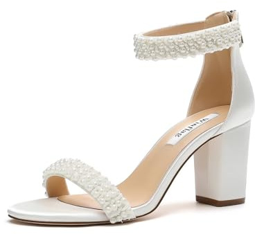 Winflag Block Heel Wedding Sandals Pearl Heels Open Toe Wedding Shoes for Bride Bridal Shoes-Ivory-9