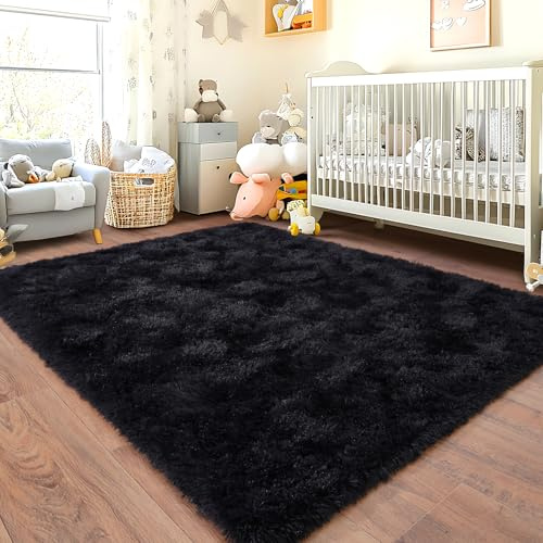 Chicnix Hochflor Flauschig Teppich Schlafzimmer 120x160 cm Schwarz, Wohnzimmerteppich Weich Bettvorleger, rutschfest Teppich Shaggy für Wohnzimmer Kinderzimmer