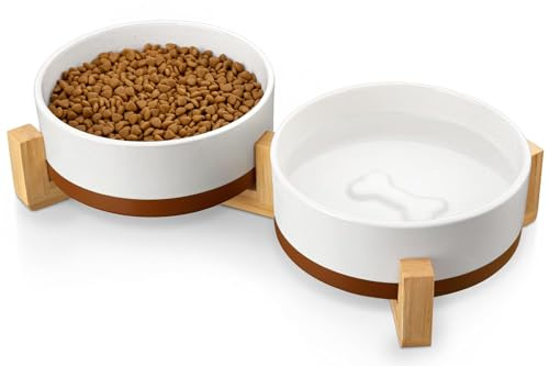 Ensemble de gamelles en céramique pour chien MALACASA avec support en bois, gamelles pour animaux de 3,5 tasses pour chiens de taille moyenne avec base antidérapante, grands chiots, chats, retrievers