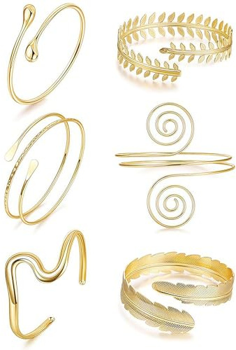 LunarCharm Lot de 6 bracelets de bras pour femmes, bracelet de bras ouvert, manchette de bras ajustable boho, set de bracelets à motifs feuille minimaliste