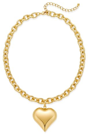 INNERDIVA kloka gyllene choker-halsband för kvinnor tjock förgylld kabelkedja med stort hjärta hänge halsband med svullet hjärthänge
