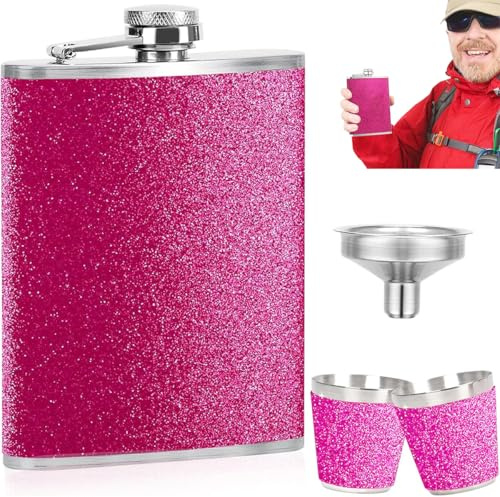 Edelstahl Flachmann 8oz/240ml Freundin Rosa Glitzer mit 2 Stück Schnapsglas, Tragbar Rosa Flachmann für Männer und Frauen für Whiskey & Rum & Wodka, für Reisen, Party, Camping, Schenken