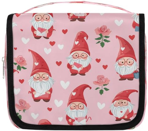 Mexpekil Trousse de toilette imperméable à suspendre avec crochet Motif nains de nains rouges, cœurs et roses