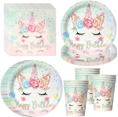 PYAILI Lot de 52 pièces thème licorne Assiettes, gobelets et serviettes pour fêtes d'anniversaire, pour 16 invités