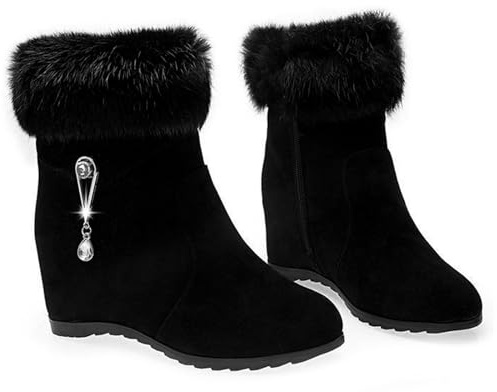 ZPLMIDE Bottines élégantes élégantes à talon compensé avec strass pour femme en fausse fourrure duveteuse chaude à bout pointu, Noir , 37 EU
