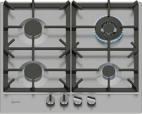 NEFF N70 T26CIH8N0 60cm Gas Hob with 4 Burners, Stainless Steel | 3.5kW Wok burner, 2 Dishwasher suitable cast iron pan supports, Detachable metallic sword dials