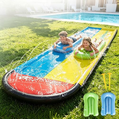 Water Slide Mat with 2 Bodyboards, 15.7ft/480cm Double Lane Slip and Slide, Double Lane Slip and Slide Water Slide for Kids Adults Outdoor Water Play Activities