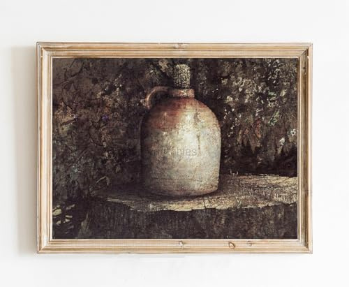 Reproduction Oil Painting Vintage Poster of primitive stone jug crock farmhouse | 11x17 12x18 16x24 24x36 Antique Unframed Print | Old Style Gift | Rustic Home Office Decor