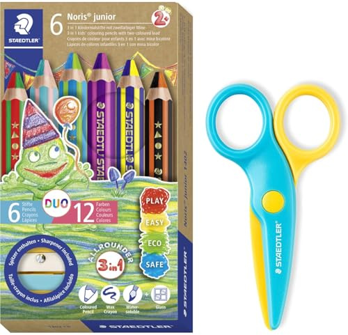 STAEDTLER Noris junior Set Duo 1402 Kindermalstift, Wachsmal- und Aquarellstift, zweifarbige Mine, 6 Duo-Stifte und Sicherheitsschere