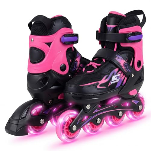 COSTWAY Pattini in Linea a 4 Ruote per Bambini, Pattini a Rotelle Regolabili in 4 Taglie, con 4 Ruote Illuminate e Protezione di Sicurezza, da Interno ed Esterno, per 5-14 Anni (38-41 L,Rosa)