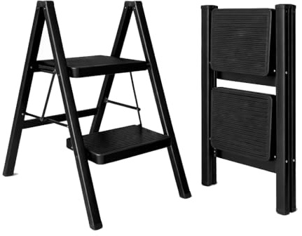 UZIRO Escalera Plegable 2 Peldaños, Escaleras Decorativa, Peldaños Anchos Antideslizantes, Ideal para Uso en Hogar, Cocina y Oficina, Fácil de Guardar y Transportar, Resistente (Negro, 2 Peldaños)