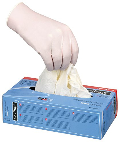 Honeywell DEXPure 801-30 Guantes desechables de látex protectores químicos sin polvo, certificados para contacto con alimentos, 30 cm, azul, talla 7, 4580130-07 (CAJA de 50 Guantes)
