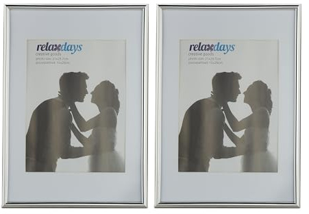 Relaxdays Bilderrahmen 2er Set, 20x30 cm, Passepartout 15x20 cm, Glasscheibe, Fotorahmen zum Stellen & Hinhängen, silber