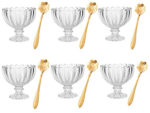 MEETOZ Glass Ice Cream Cups,Dessert Bowls, for Dessert, Sundae, Ice Cream, Fruit, Salad, Snack, Cocktail,etc (Includes 6 Glass Ice Cream Cups and 6 Metal Spoons)