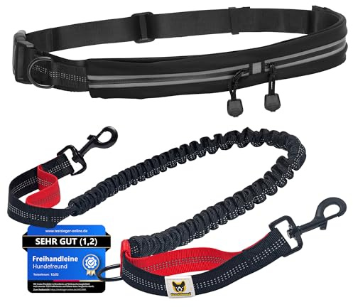 Hundefreund Laisse de Jogging avec Ceinture | Laisse pour Canicross de 120 à 180 cm pour Chiens Moyens et Grands | Faites du Vélo, de la Course à Pied et de la Randonnée aux Mains Libres (Noir)