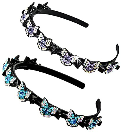 JIHUOO 2 Stück Strass Haarreifen mit Klammern Haarbänder Haarband mit Clips Stirnbänder Haarspangen Haarschmuck ür Damen Mädchen