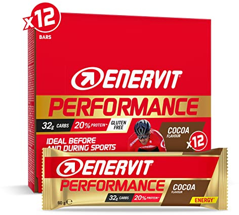 Enervit Performance Bar Cocoa – Energieriegel, 32 g Kohlenhydrate, 20% Protein, Kakaogeschmack, für langanhaltende Ausdaueraktivitäten, Glutenfrei, 12 Riegel à 60 g