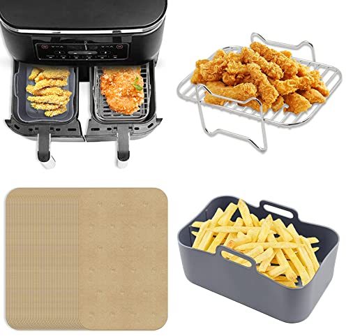 304 Edelstahl Heißluftfritteuse Grillrost & Silikon Korb & 200 Stücke Backpapier kompatibel mit Ninja Foodi AF300EU AF400EU, Dehydrate Rack Heißluftfritteuse Zubehör Für Ninja Foodi AF300EU Air Fryer