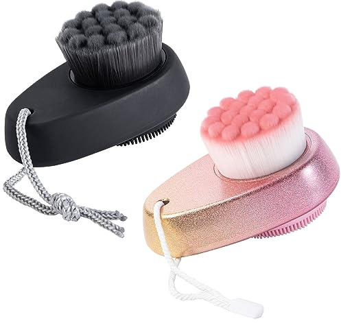 Beomeen 2 Pack Facial Cleansing Brush 2 in 1 for Face Exfoliation, Soft Bamboo Charcoal Microfiber Bristle Dual Face Silicone Scrubber Brush for Pore Deep Cleansing Skincare with Lid, Black+Gradient