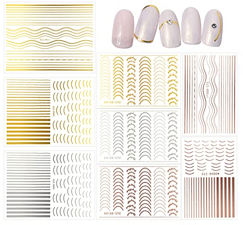 Cozlly 8 Blatt Nagelsticker Selbstklebend, Metallic Nagelaufkleber für Gelnägel, Gold Silber Rosegold Nail Art Stickers, Nagel Stickers Streifen Linien Nagel Aufkleber Maniküre Dekoration Nageldesign