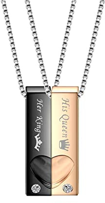 KunBead Jewelry Matching Couple Queen King Necklace Puzzle Heart for Him and Her sets for 2 Stainless Steel Valentines Day Birthday Gifts for Women Men