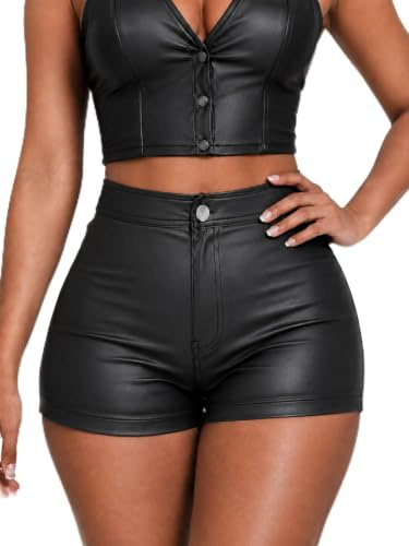 hibshaby Black Leather Shorts, Women's High Waist Faux Leather Shorts Summer Straight Leg Skinny Shorts Black XL