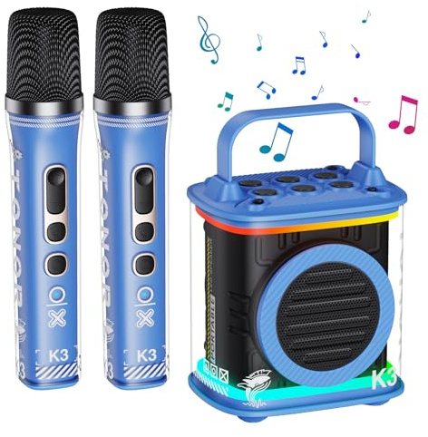 Mini máquina de karaoke con 2 micrófonos inalámbricos, altavoz de karaoke Bluetooth portátil de TONOR para adultos para niños con microfono y luces LED, juguete presente 4 años cantando azul