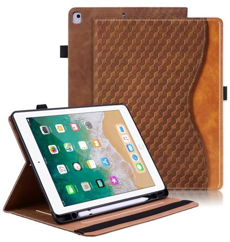 Vkooer Hülle für iPad 10.2-Zoll 9/8/7 Generation Schutzhülle mit Pencil Halter (iPad 2021/2020/2019) Ledertasche Cover Case mit Auto Schlaf/Aufwach Kartentasche für iPad Air 3/Pro 10,5 - Braun