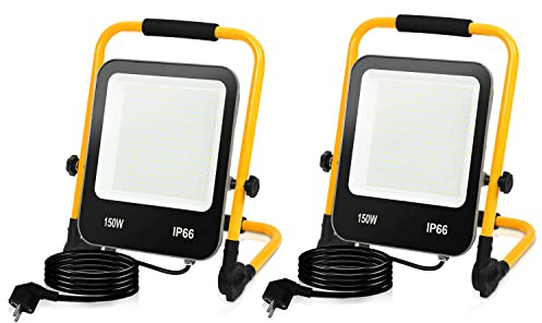 Randaco LED Baustrahler, 2x150W 12000LM Tragbar LED Arbeitsleuchte Baustrahler 6000K Kaltweiß Bauscheinwerfer, IP66 Wasserdicht mit 3M Kabel und Faltbarer Ständer, für Baustelle (mit Stecker)