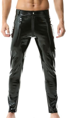 QiaTi Pantalones de piel sintética para hombre con cremallera, pantalones casuales de piel sintética para motociclista, Negro, XL