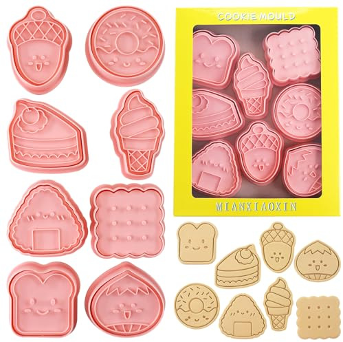 MIANXIAOXIN 8 Piece Cute Snacks Cookie Cutters Bread,Cake,Doughnut,Rice Ball Shape Cookie Molds Cartoon Fun Biscuit Moulds(Snacks A,8)