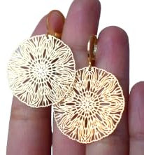 Ornament Ohrringe, Mandala Creolen, Boho hängende leichte Ohrringe, filigrane Ohrhänger, rund, vergoldete Edelstahl, Ohrschmuck