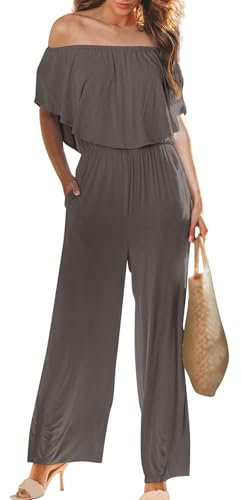 Hausanzug Damen, Sommer Outfits Damen Jeans Latzhose Damen Frauen Elegant Einfarbig Schulterfrei Jumpsuit Mit Taschen Sexy Jumpsuit Damen Hosenanzug Damen Festlich Elegant 2 Teilig Hochzeit(Grau,3XL)