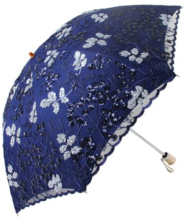 ihreesy Vintage Spitze Sonnenschirm, Regenschirm UV-Schutz Hochzeitsschirm Stickerei Faltschirm Brautschirm faltbarer doppelstöckig Spitzenschirm mit 8 Rippen Für Hochzeit Feier Fotografie,Dunkelblau