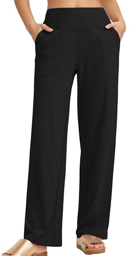 Timuspo Yogabyxor dam hög midja joggingbyxor sportbyxor med 2 fickor raka byxor breda ben bekväma fritidsbyxor breda elastisk midja, svart, S