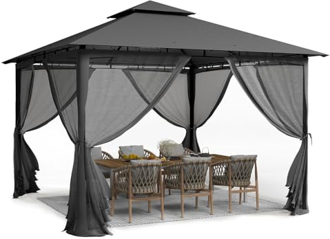 UDPATIO Paviljong 2,75 x 2,75 m, vattentät, stabil vintersäker, trädgårdspaviljong med dubbeltak, myggnät och metallram, dubbelt tak, lusthus för trädgård, terrasser, grå