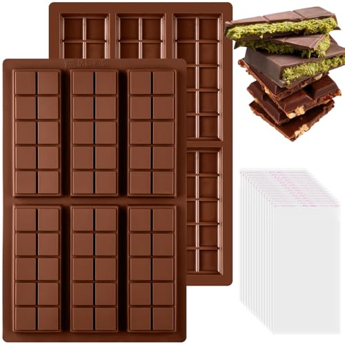 ASTARON Lot de 2 moules à chocolat en silicone profonds, moule à barre de chocolat de Dubaï pour moules à chocolat carrés fourrés à petites noix avec 50 sacs en plastique