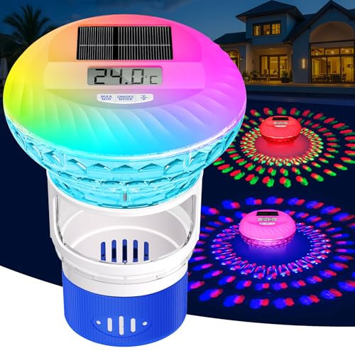 KingSom Dispenser Cloro Piscina con Termometro Digitale,Dispenser Galleggiante di Clore con Luci Colorate,Pulsante di Controllo Dosatore Cloro Piscina,Sblocco Regolabile Galleggiante Dosatore Piscina