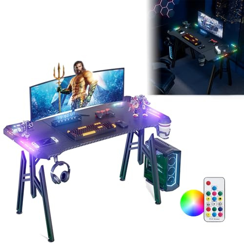 UISEBRT 120x60x73cm Escritorio de juegos M-Frame con LED, mesa de ordenador con soporte para bebidas y gancho para auriculares, superficie de fibra de carbono, mesa para jugadores, negra, mesa de