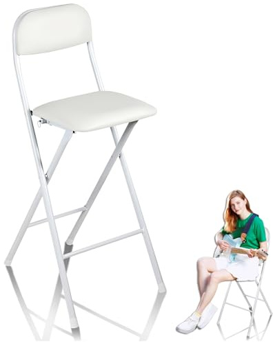 Sgabello da Bar Pieghevole Portatile con Schienale, Sedia Sgabello Pieghevole Alto, Sedia Pieghevole Alta Fino al Bancone per Adulti Cucina Isola Chitarra(White,65 CM/25.5 in)