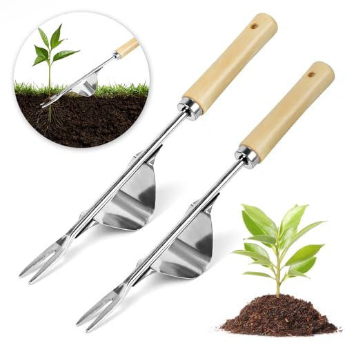 2 Pezzi Estirpatore Manuale in Acciaio Inox con Manico in Legno, Strumento per Rimuovere Erbacce a Mano, Diserbante Sarchiatrice per Radici da Giardino per Erba, Patio, Prato, Terreni Agricoli