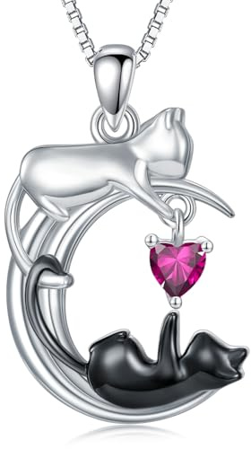 SLIACETE Halsband med vit och svart katt månhänge sterlingsilver katthalsband smycken gåva för kvinnor, Normal, Sterlingsilver, Kubisk zirkonia